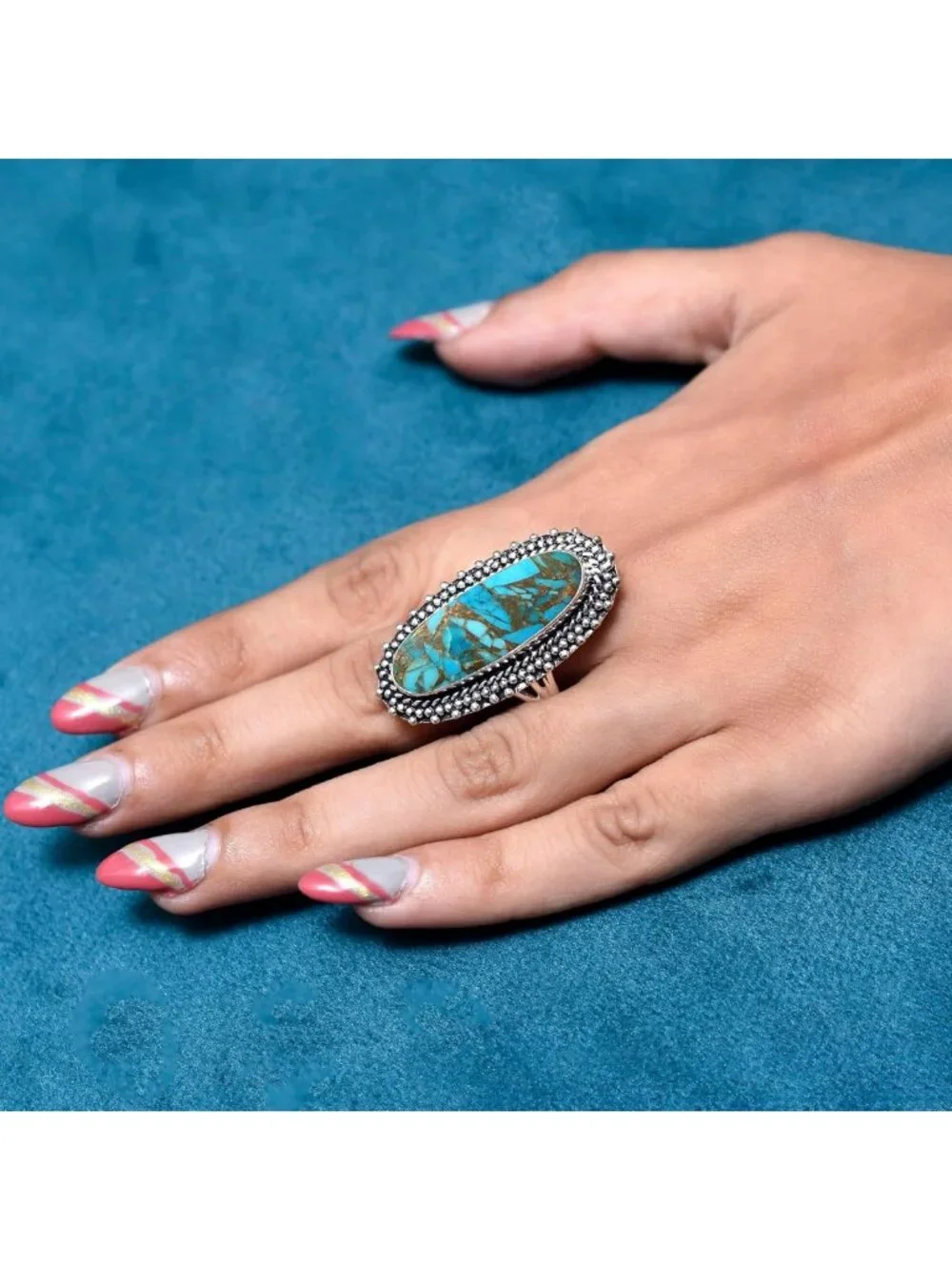 Handmade 925 Sterling Silver Blue Copper Turquoise & Tiger's Eye Statement Ring